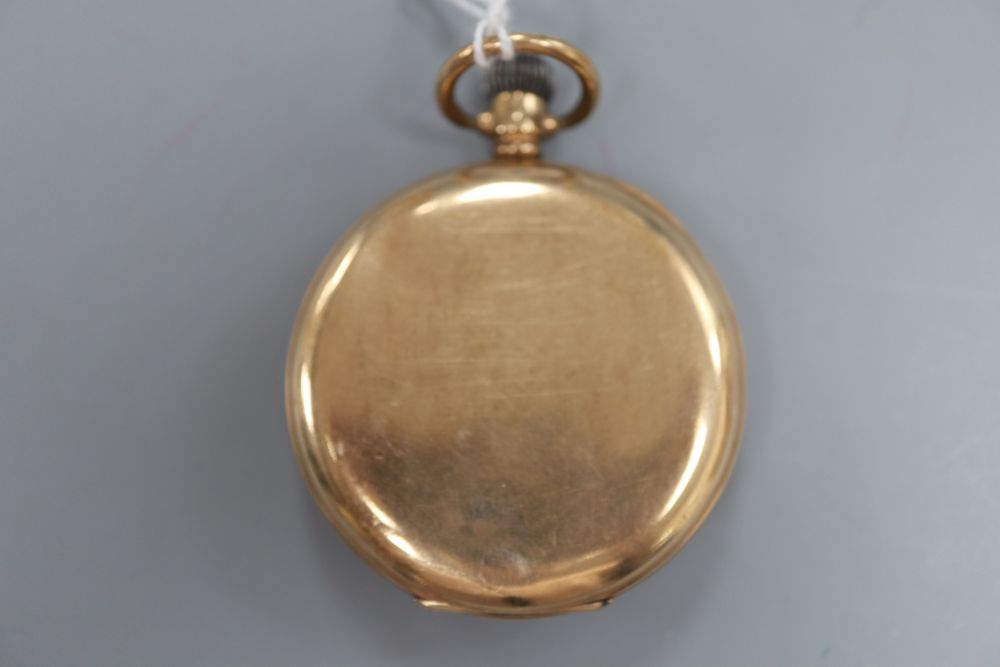 A George V 9ct gold half hunter keyless pocket watch, retailed by Fattorini & Sons, gross 97.7 grams,